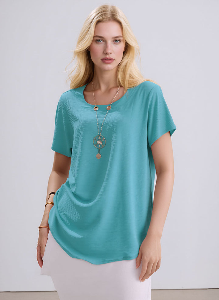 Teal Crew Neck Casual Short Sleeve Loose Fit Summer Top with Necklace