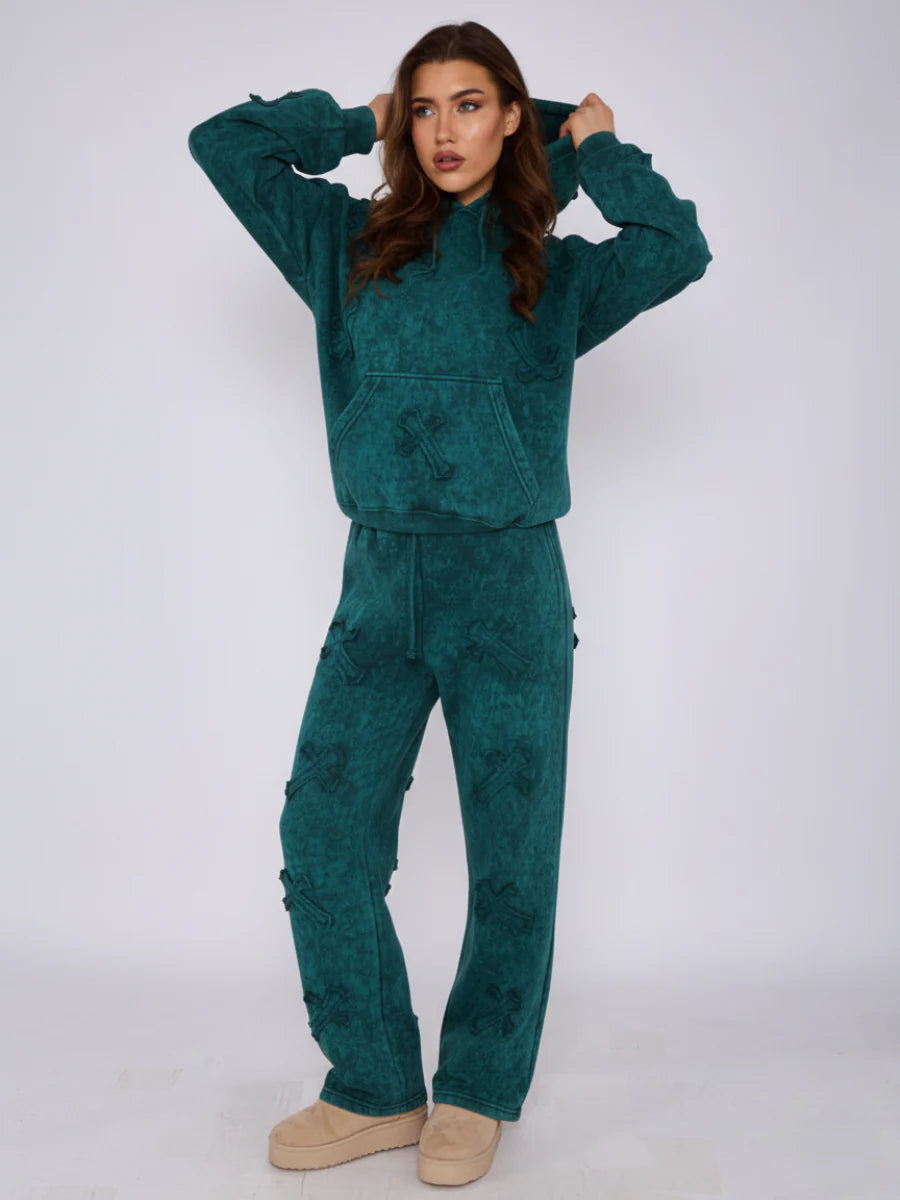 Distressed Cross Design Hoodie & Sweatpants Set