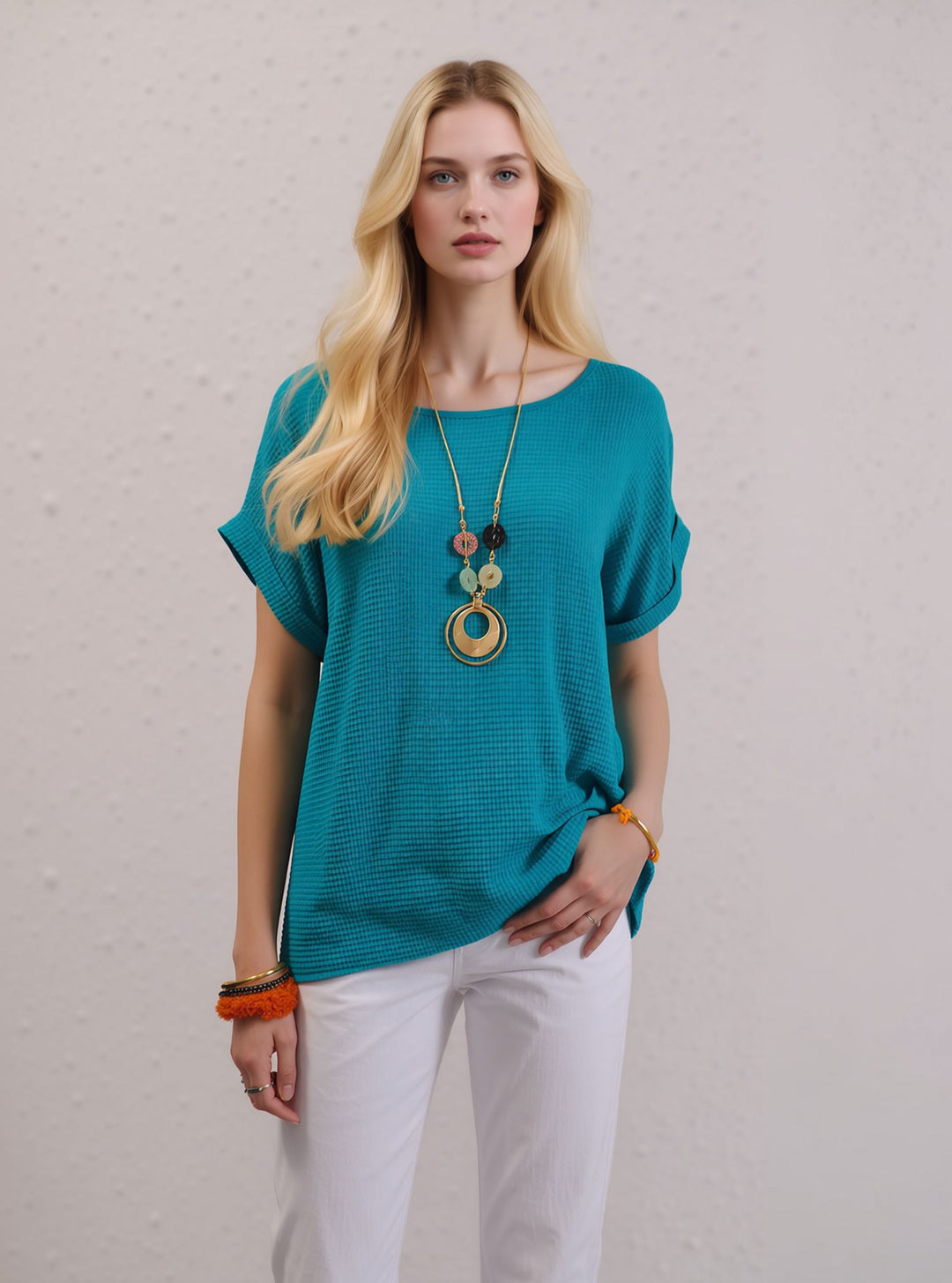 Teal Loose Fit Short Sleeve Casual Waffle Texture Blouse with Necklace