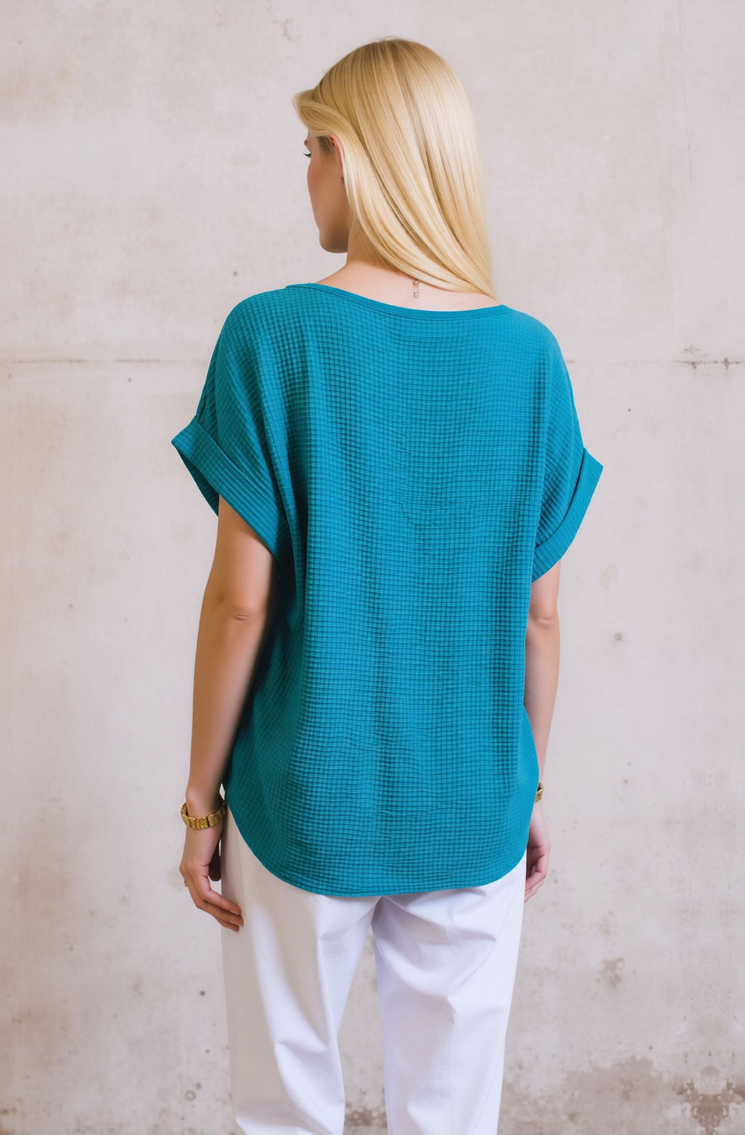 Teal Loose Fit Short Sleeve Casual Waffle Texture Blouse with Necklace