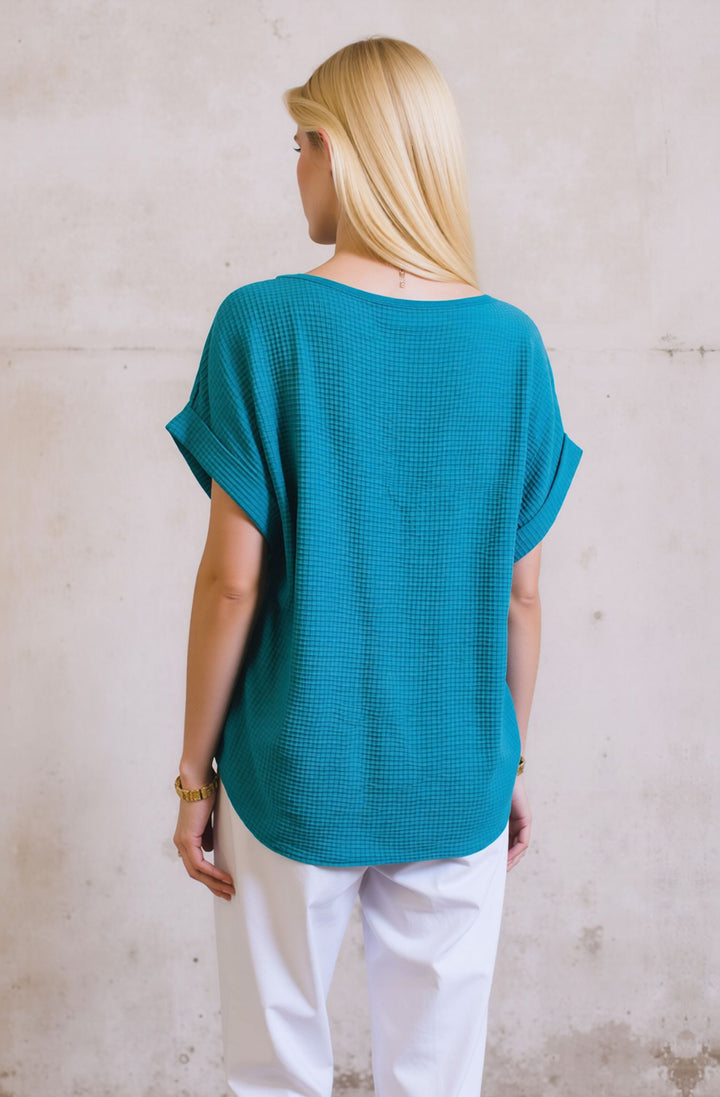 Teal Loose Fit Short Sleeve Casual Waffle Texture Blouse with Necklace