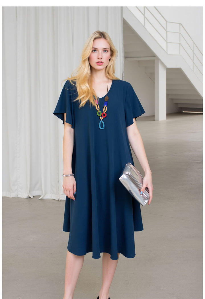 Teal Midi Dress Loose Fit Short Sleeve Swing Dress with Statement Necklace