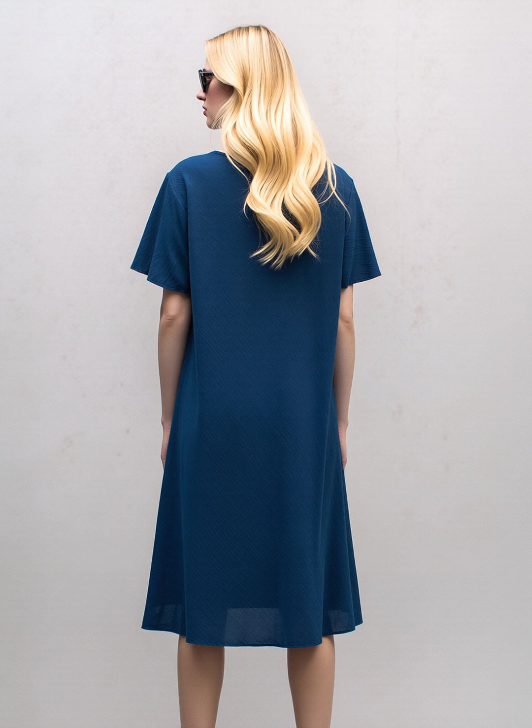 Teal Midi Dress Loose Fit Short Sleeve Swing Dress with Statement Necklace