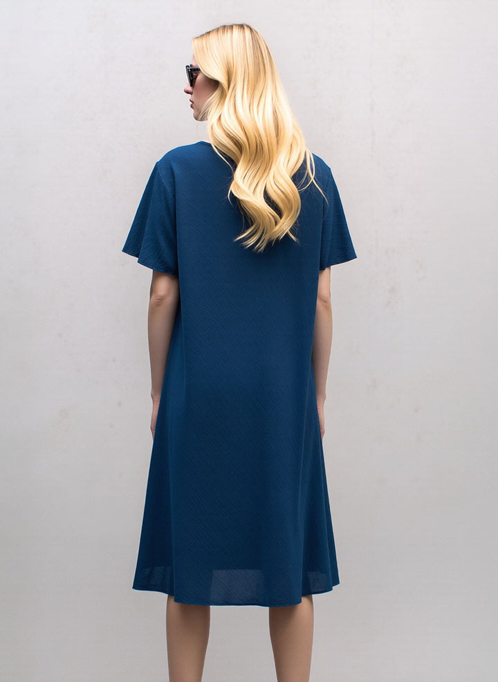 Teal Midi Dress Loose Fit Short Sleeve Swing Dress with Statement Necklace