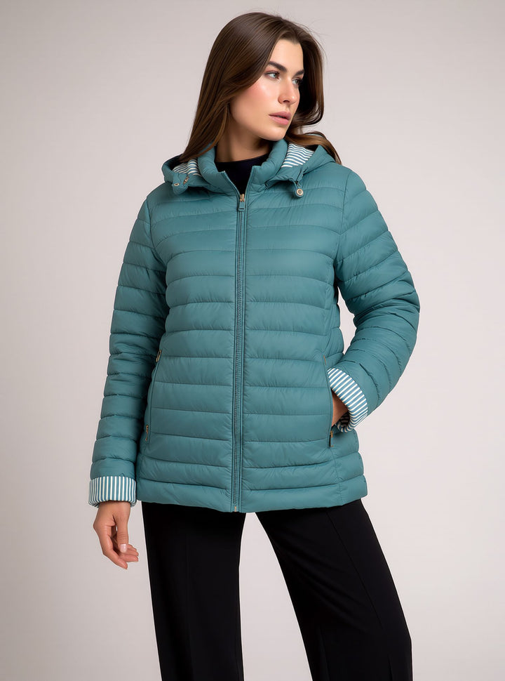 Teal Waterproof & Windproof Hooded Lightweight Padded Jacket with Stripe Cuffs