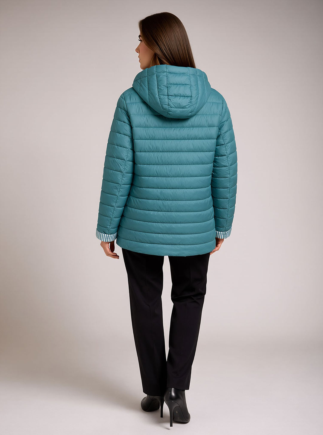 Teal Waterproof & Windproof Hooded Lightweight Padded Jacket with Stripe Cuffs