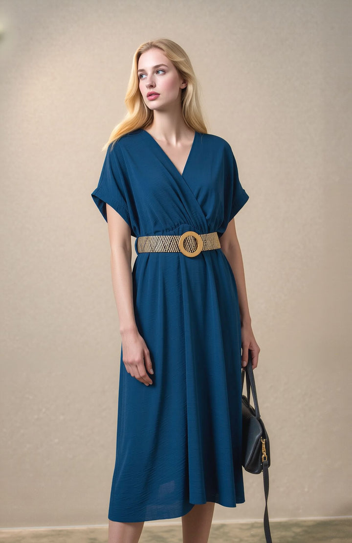 Teal Wrap Midi Dress Elegant Summer Occasion Dress with Belt