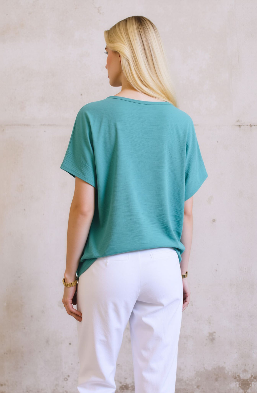 Teal Zip Front V-Neck Loose Fit Blouse Top