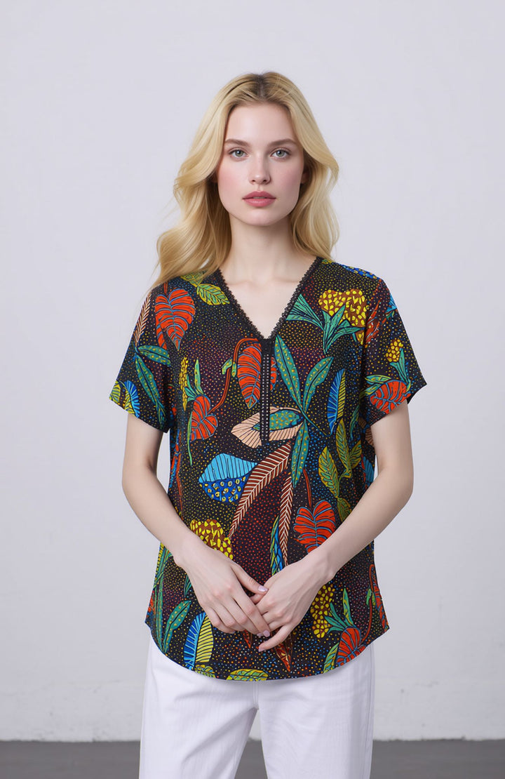 Tropical Leaf Print V-Neck Blouse Short Sleeve Summer Top with Zip Detail