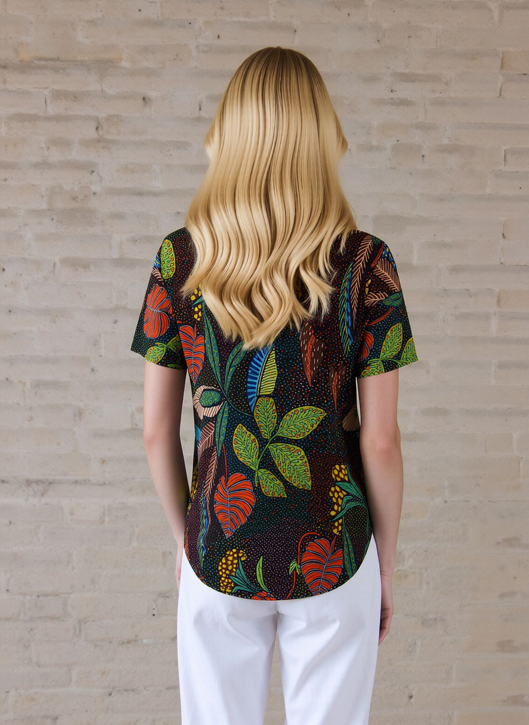 Tropical Leaf Print V-Neck Blouse Short Sleeve Summer Top with Zip Detail