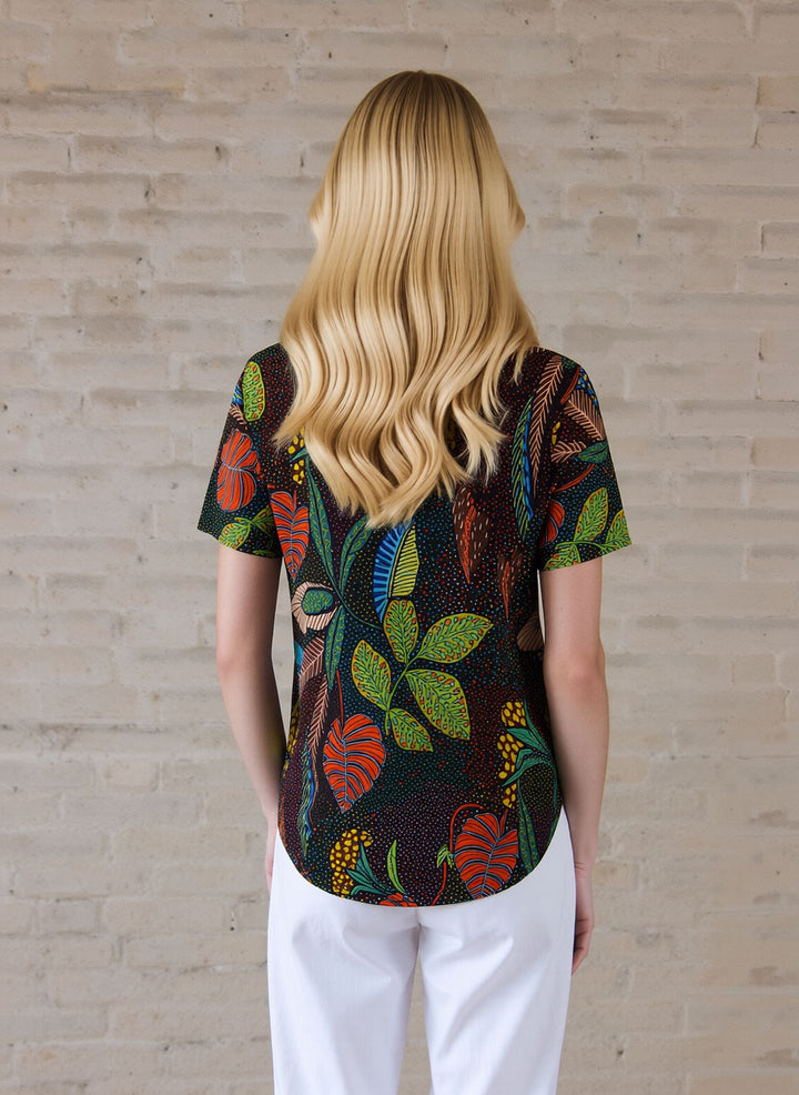 Tropical Leaf Print V-Neck Blouse Short Sleeve Summer Top with Zip Detail