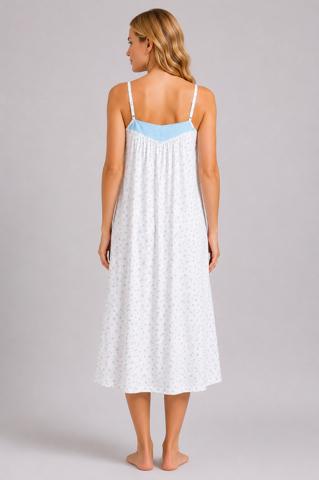 Turquoise Blue Strap Floral Print Soft Sleeveless Cotton Feel Midi Nightdress