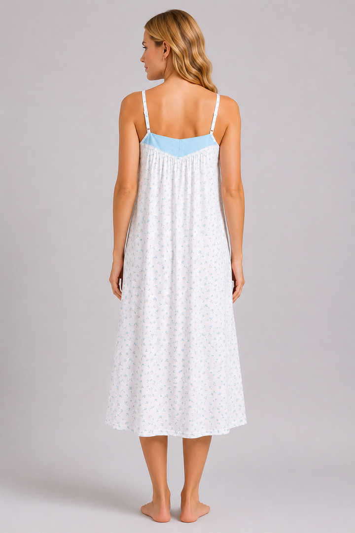 Turquoise Blue Strap Floral Print Soft Sleeveless Cotton Feel Midi Nightdress