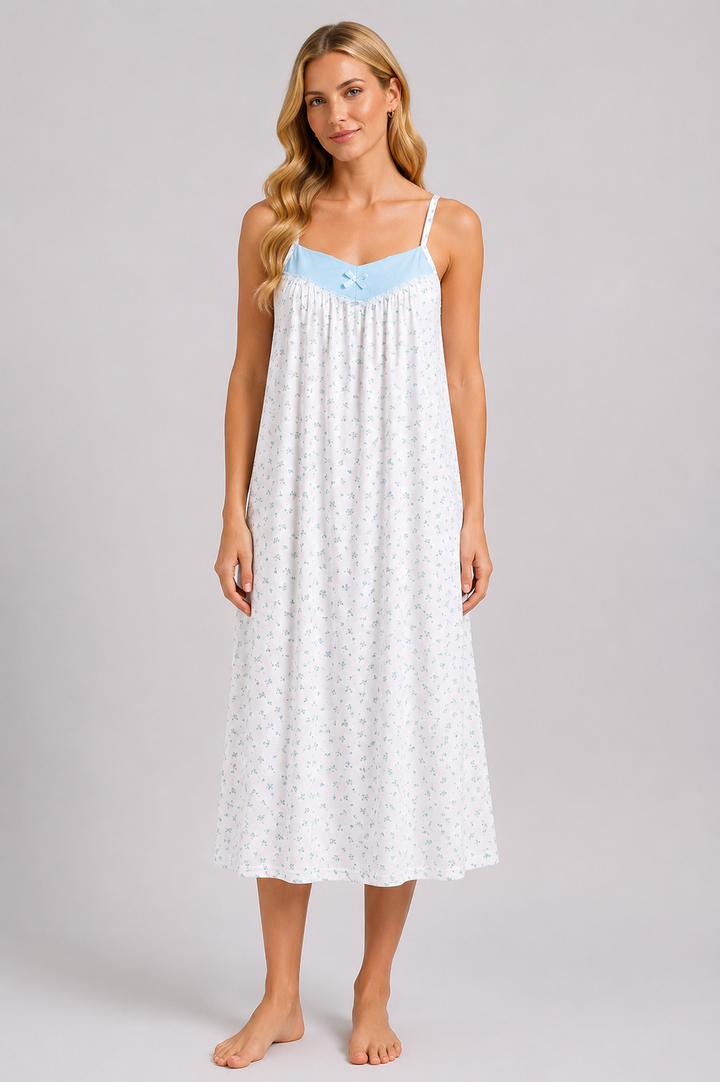 Turquoise Blue Strap Floral Print Soft Sleeveless Cotton Feel Midi Nightdress