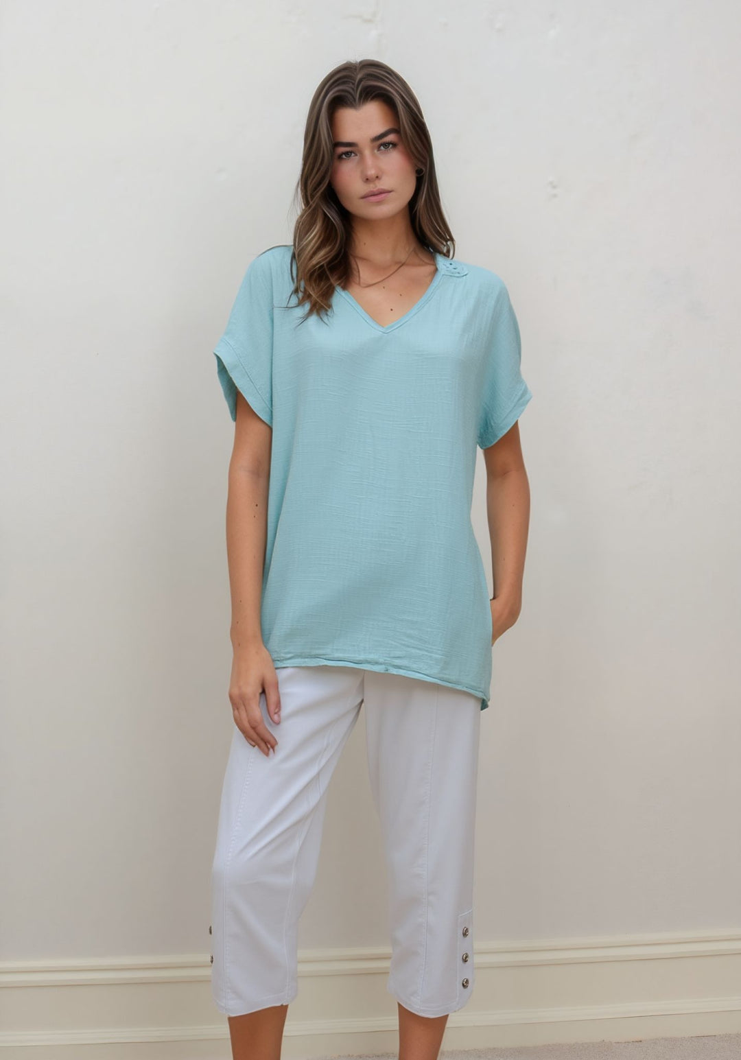 Turquoise Cotton V-Neck Top with Crochet Back Detail