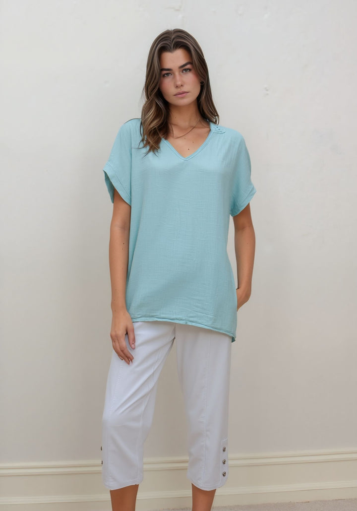 Turquoise Cotton V-Neck Top with Crochet Back Detail