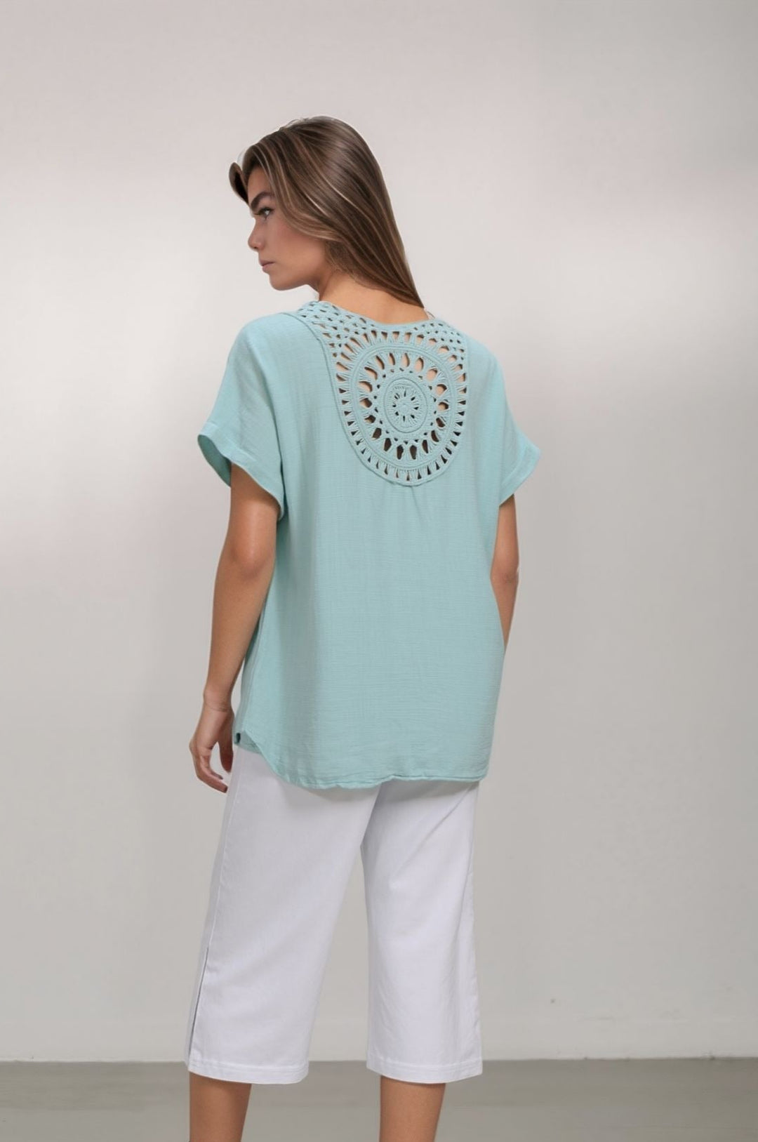 Turquoise Cotton V-Neck Top with Crochet Back Detail