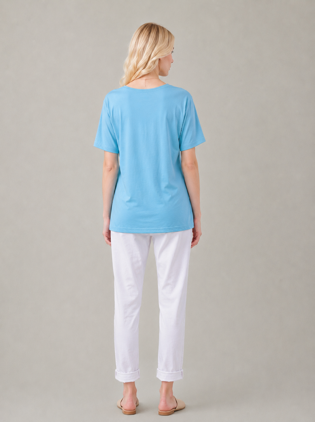 Turquoise Embroidered Round Neck T-Shirt Soft Casual Summer Top