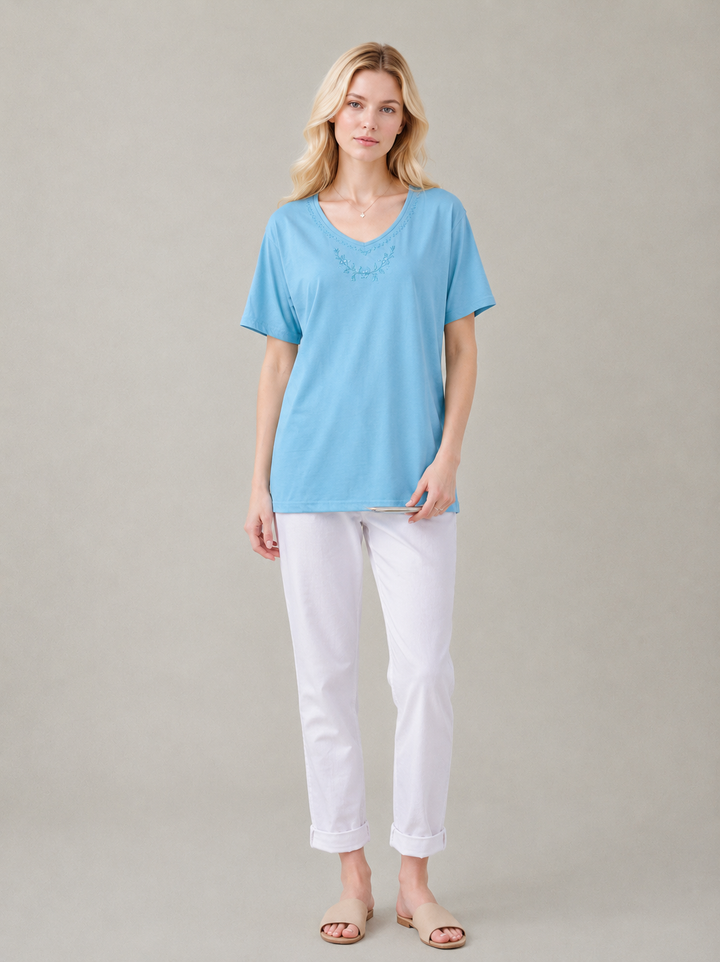 Turquoise Embroidered Round Neck T-Shirt Soft Casual Summer Top