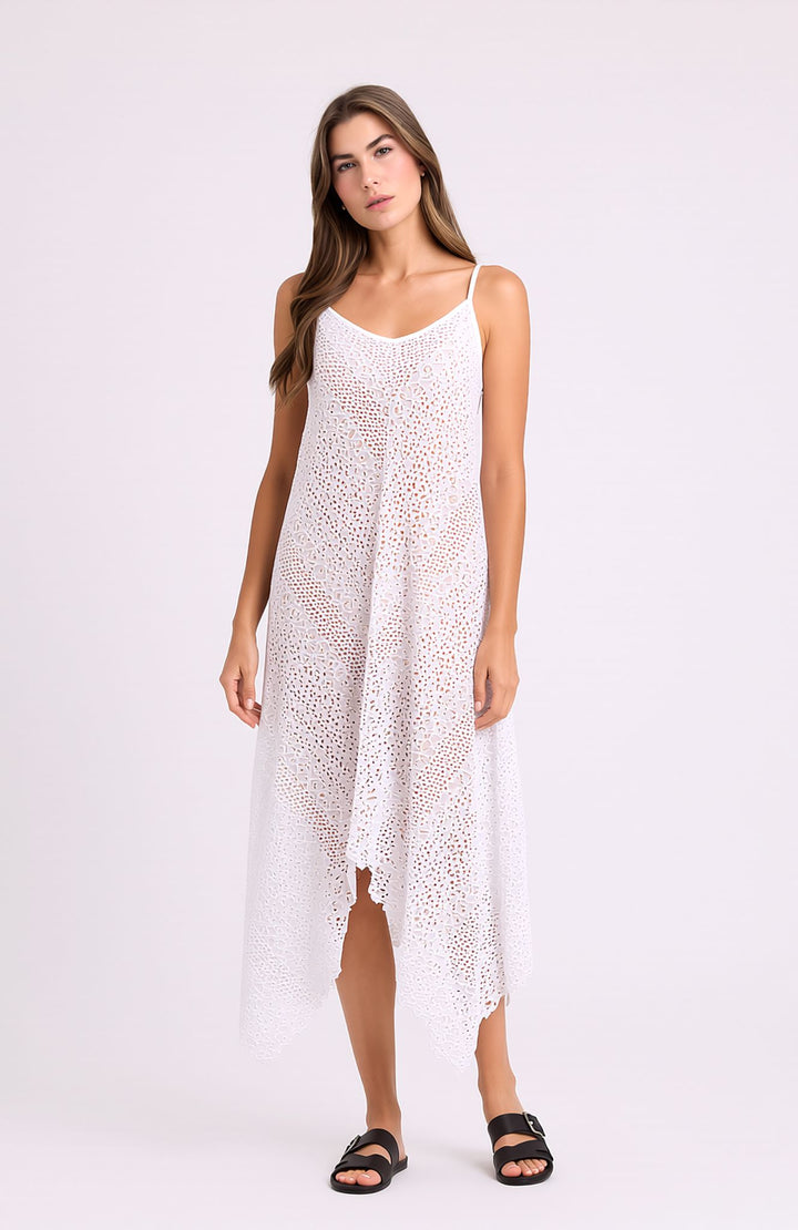 White Broderie Anglaise Summer Holiday Sleeveless Cotton Look Dress