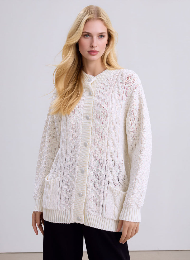 White Cable Knit Round Neck Cardigan with Pockets