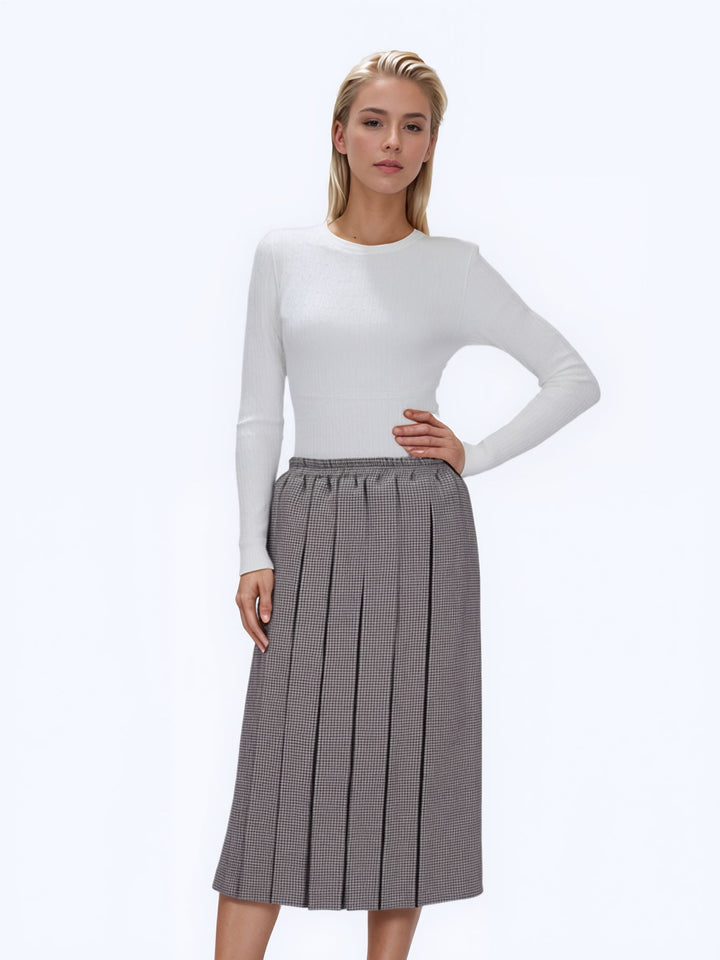 White Check Pleated Lined Elasticated Straight Skirt
