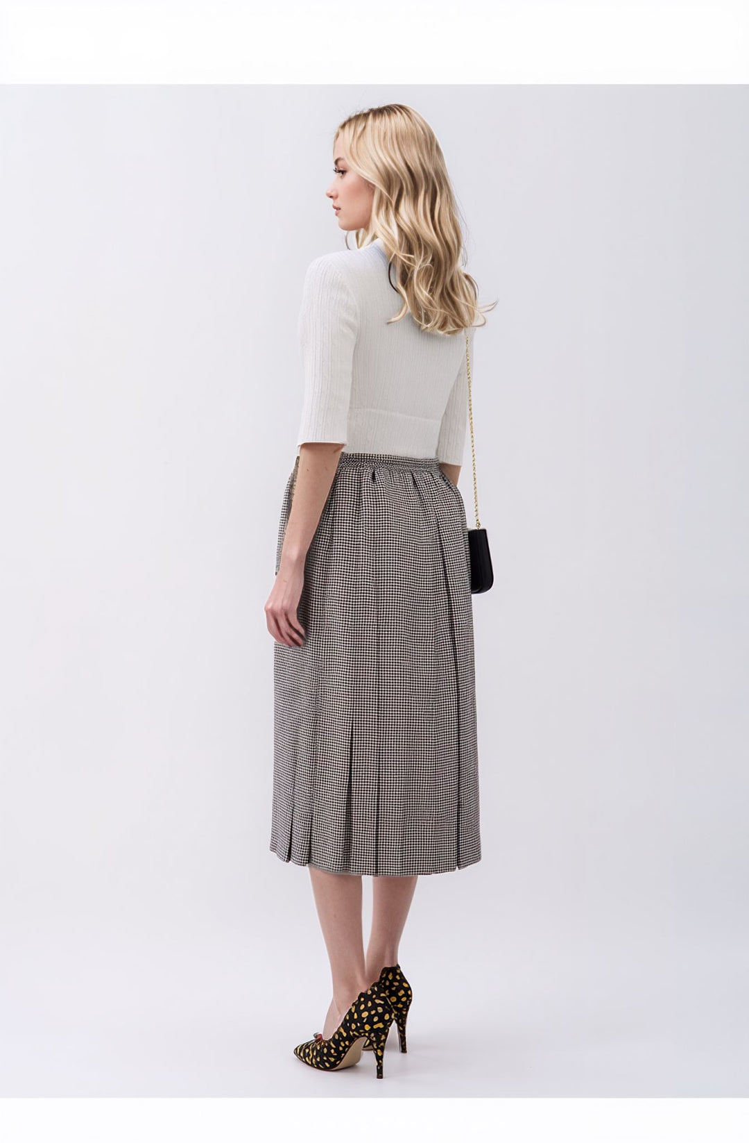 White Check Pleated Lined Elasticated Straight Skirt
