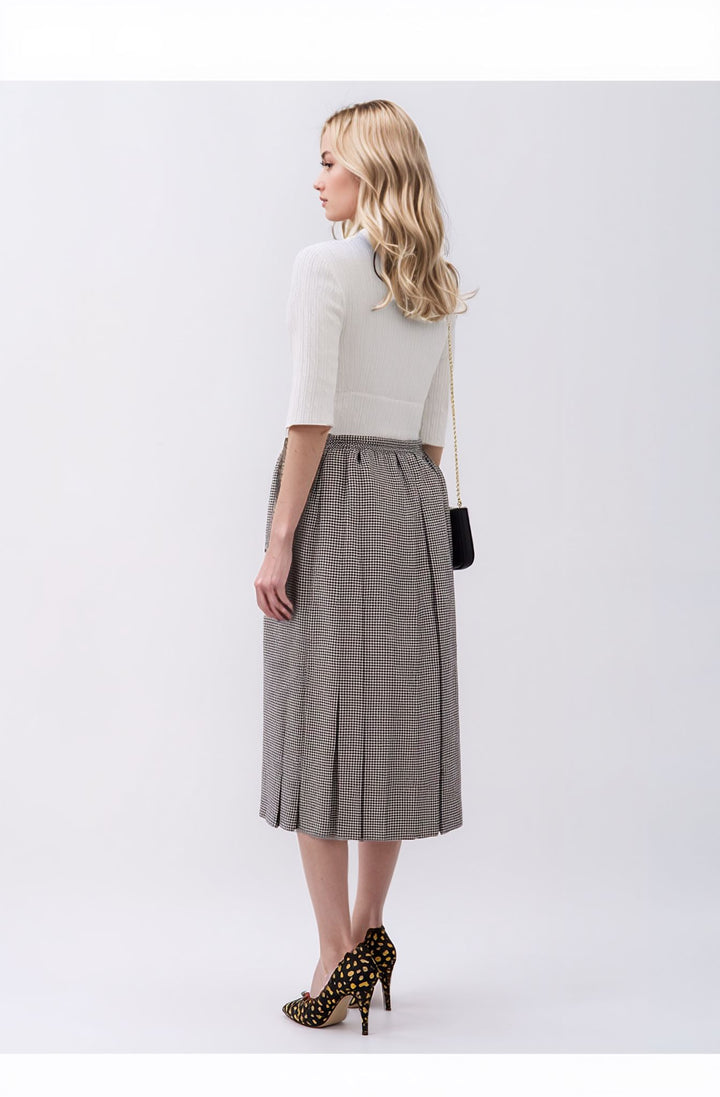 White Check Pleated Lined Elasticated Straight Skirt