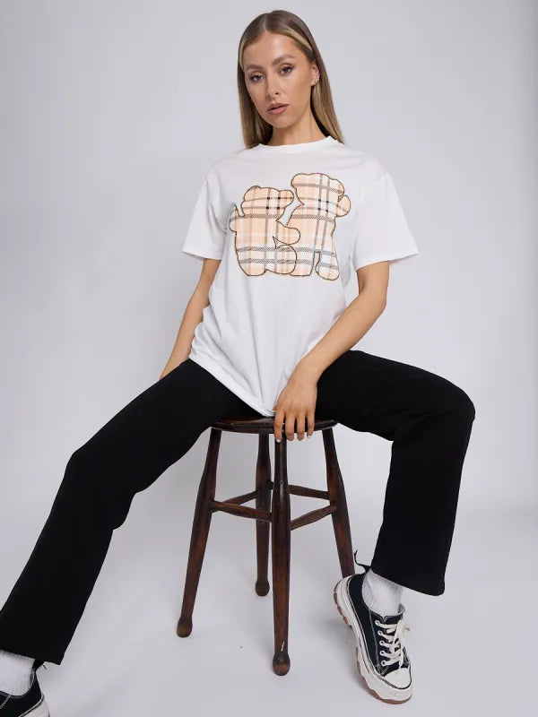 White Check Teddy Bear Graphic T-Shirt