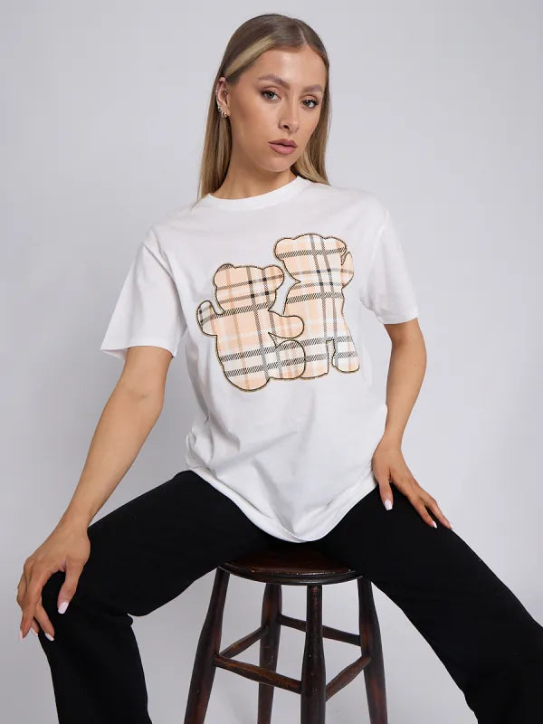 White Check Teddy Bear Graphic T-Shirt