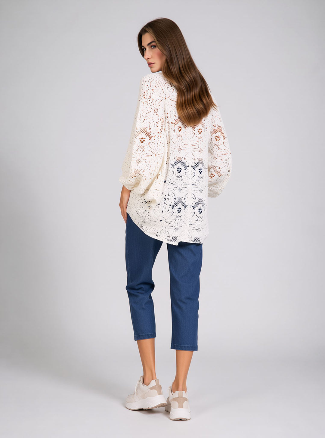 White Crochet Lace Button-Front Cardigan with Balloon Sleeves Kimono Cardigan