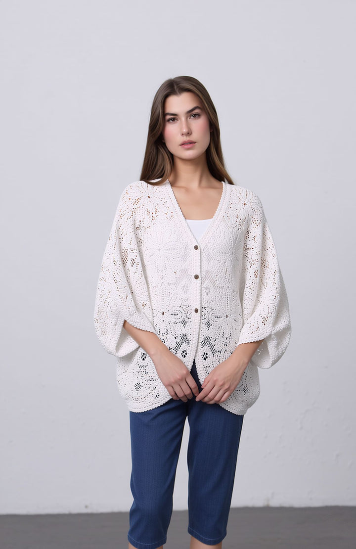 White Crochet Lace Button-Front Cardigan with Balloon Sleeves Kimono Cardigan