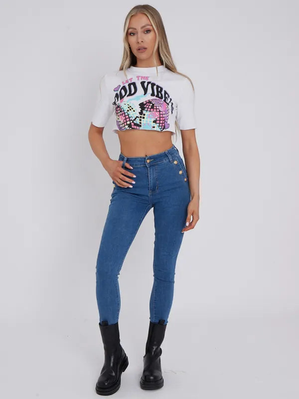 White Disco Ball Graphic Printed Crop Top