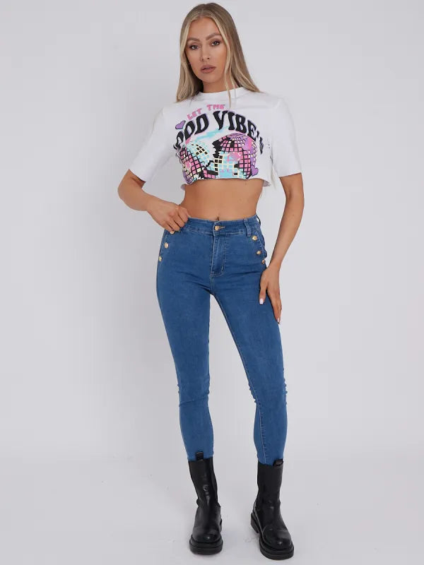 White Disco Ball Graphic Printed Crop Top