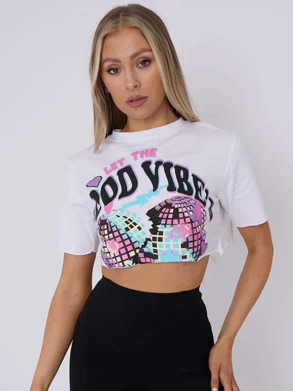 White Disco Ball Graphic Printed Crop Top