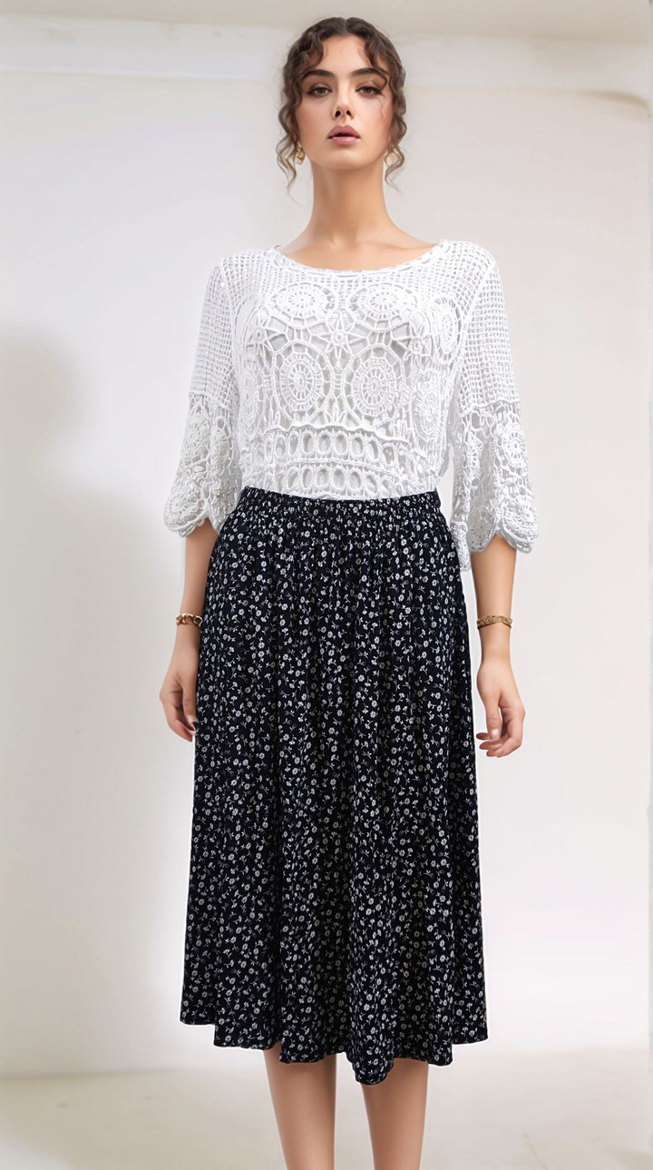 White Ditsy Print Pull On Elasticated Skirt