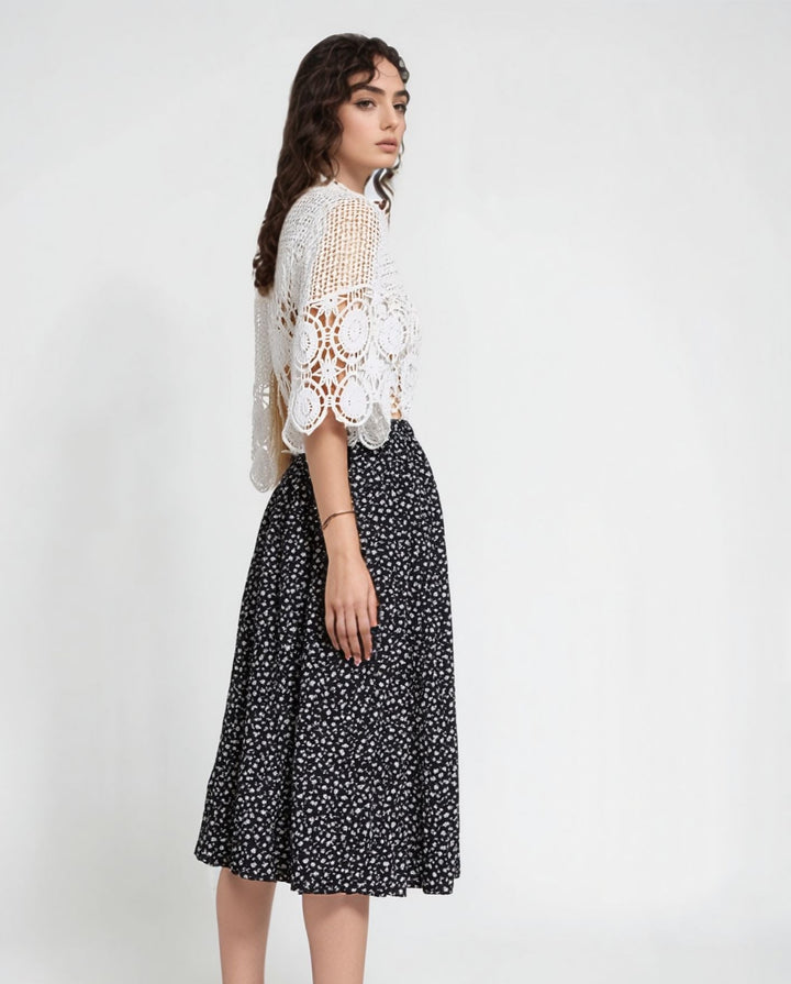 White Ditsy Print Pull On Elasticated Skirt