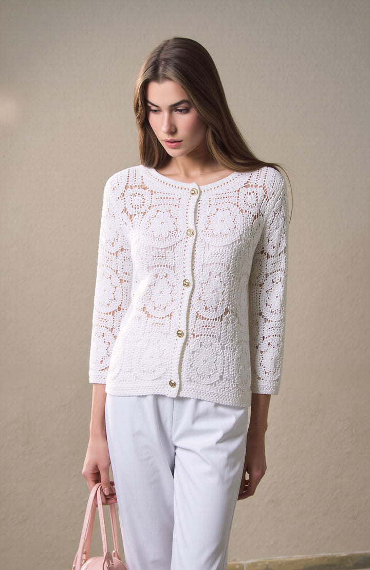 White Elegant Crochet Button Lightweight Knit Lace Detail Cardigan