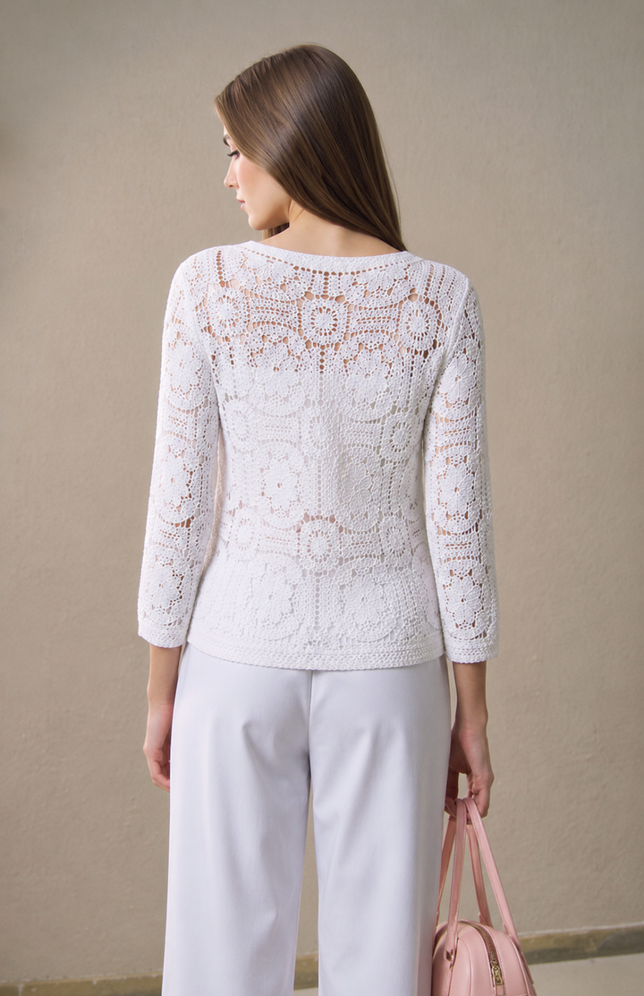 White Elegant Crochet Button Lightweight Knit Lace Detail Cardigan