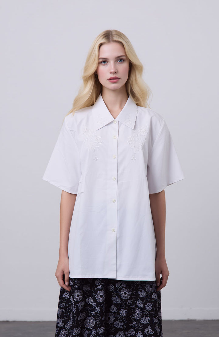 White Embroidered Short Sleeve Button Up Blouse