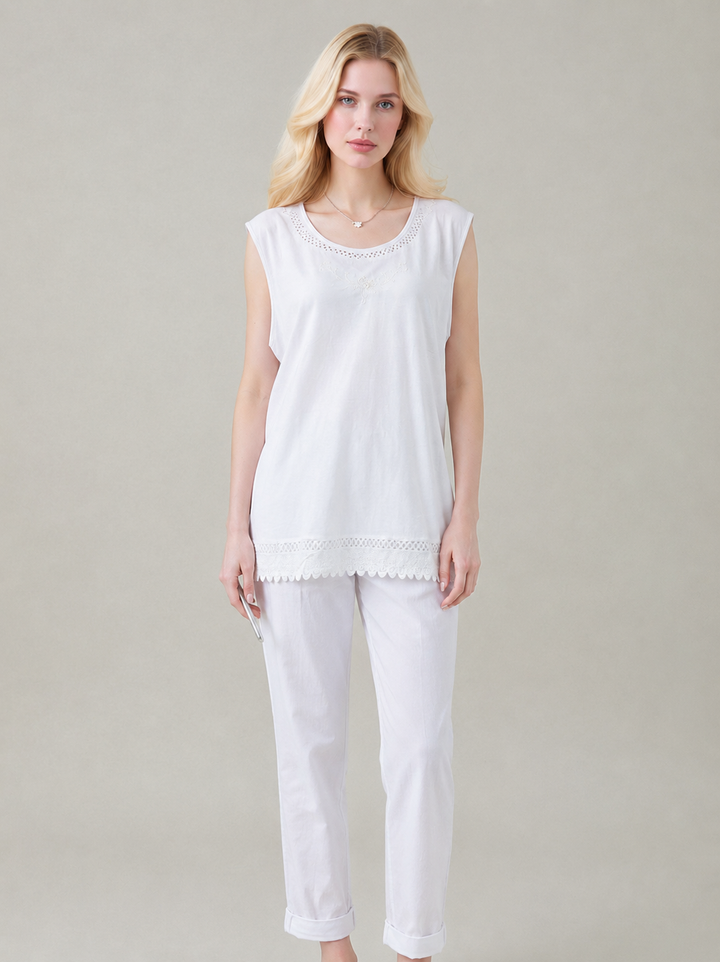 White Embroidered Sleeveless Top Soft Casual Summer Vest