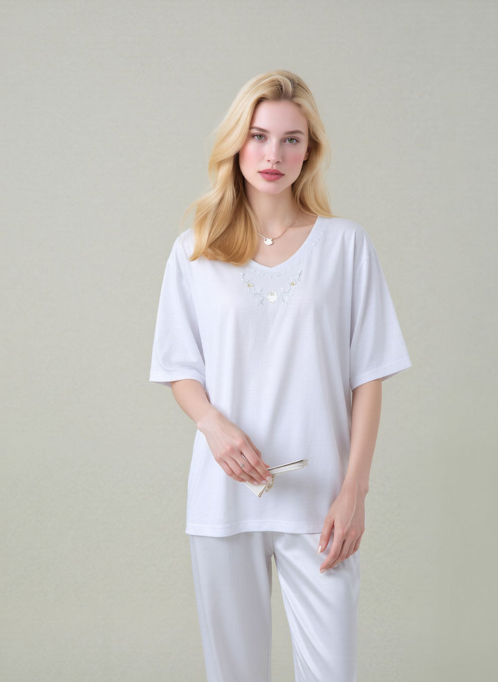 White Embroidered V-Neck T-Shirt  Soft Casual Summer Top