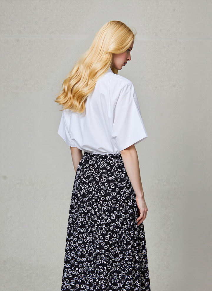 White Floral Pull On Elasticated Skirt