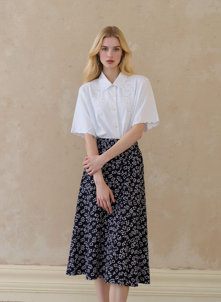 White Floral Pull On Elasticated Skirt