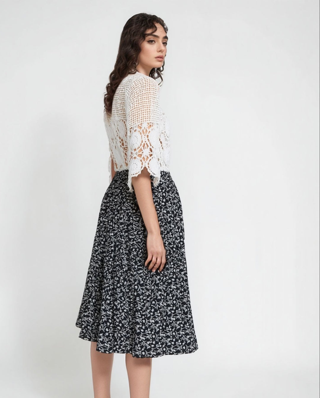 White Flowery Print Pull On Elasticated Skirt