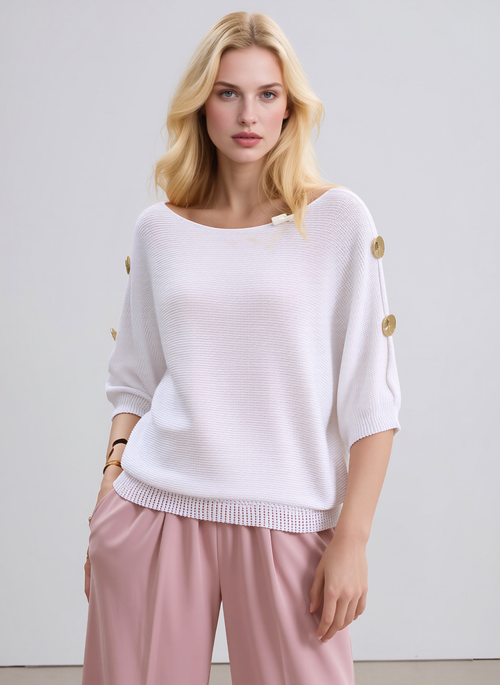 White Knit Top with Button Sleeve Detail