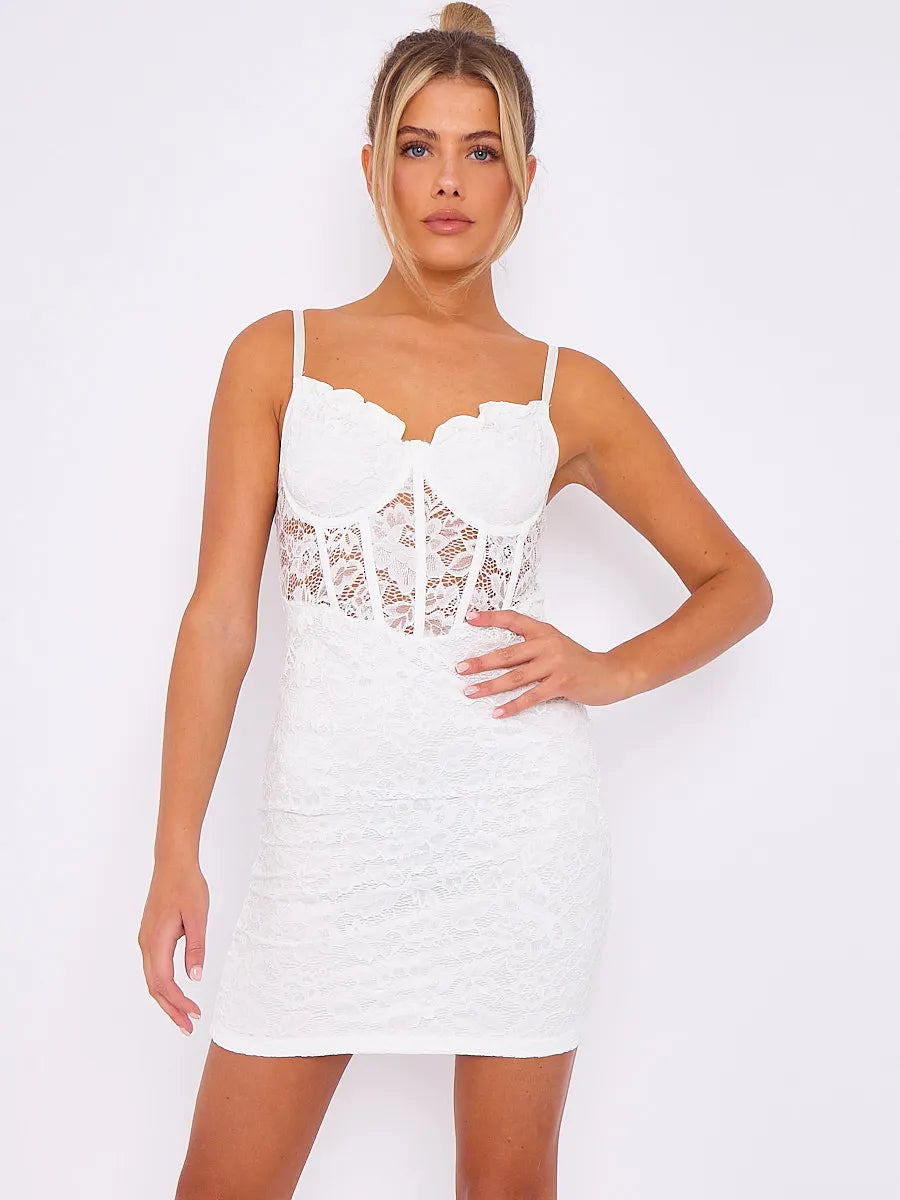 White Lace Detail Corset Style Bodycon Cami Dress