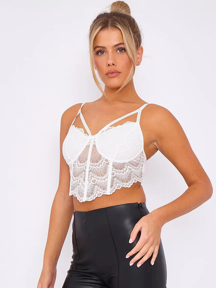 White Lace Detail Mesh Corset Style Cami Crop Top