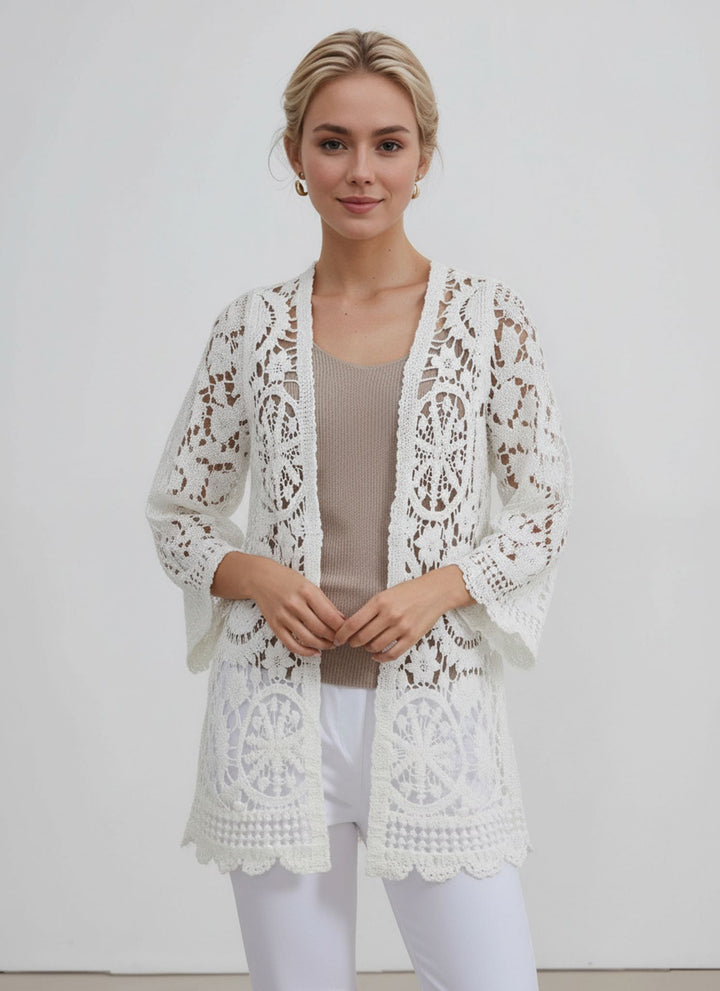 White Lace Open Crotchet Kimono Cardigan