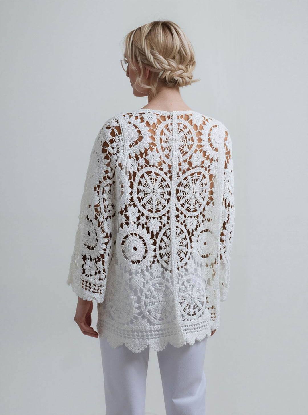 White Lace Open Crotchet Kimono Cardigan
